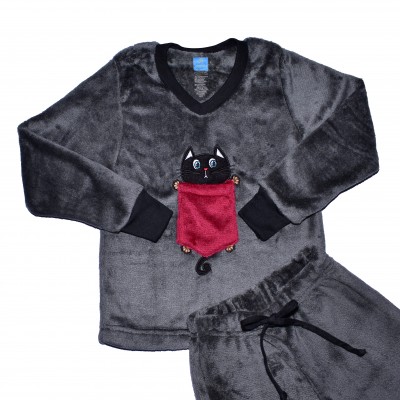 Pijama Termica Gato Bolsillo gris oscuro unisex junior manga larga